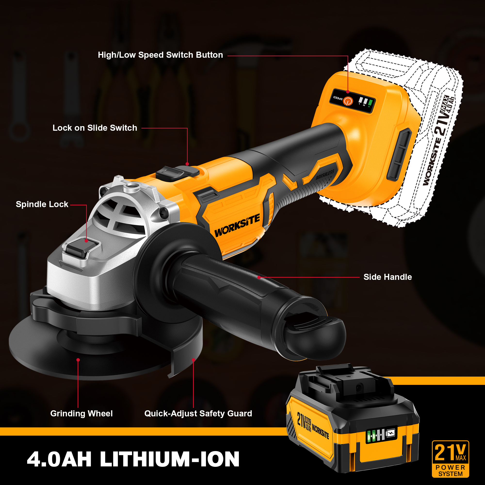 21V Brushless 115mm Angle Grinder