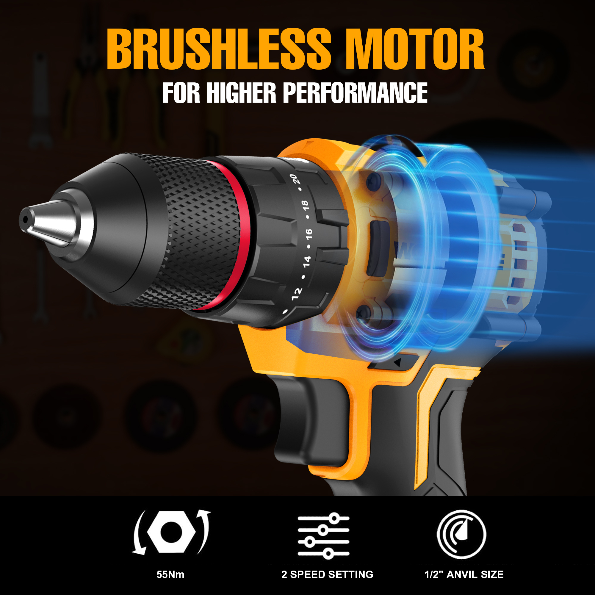 21V Brushless 13mm Hammer Drill (55N.m)