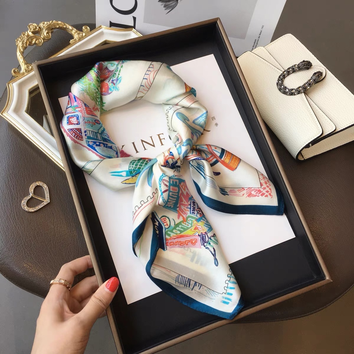 100% Real Mulberry Silk Scarf with Iridescent Horse Print – Headscarf, Hair Wrap, Neck Scarf, Neckerchief