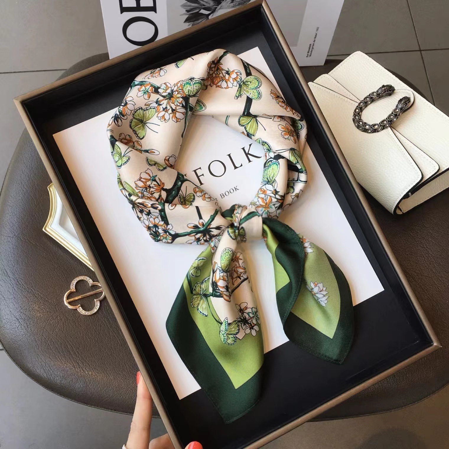100% Real Mulberry Silk Scarf with Butterflies and Flowers Print – Headscarf, Hair Wrap, Neck Scarf, Neckerchief