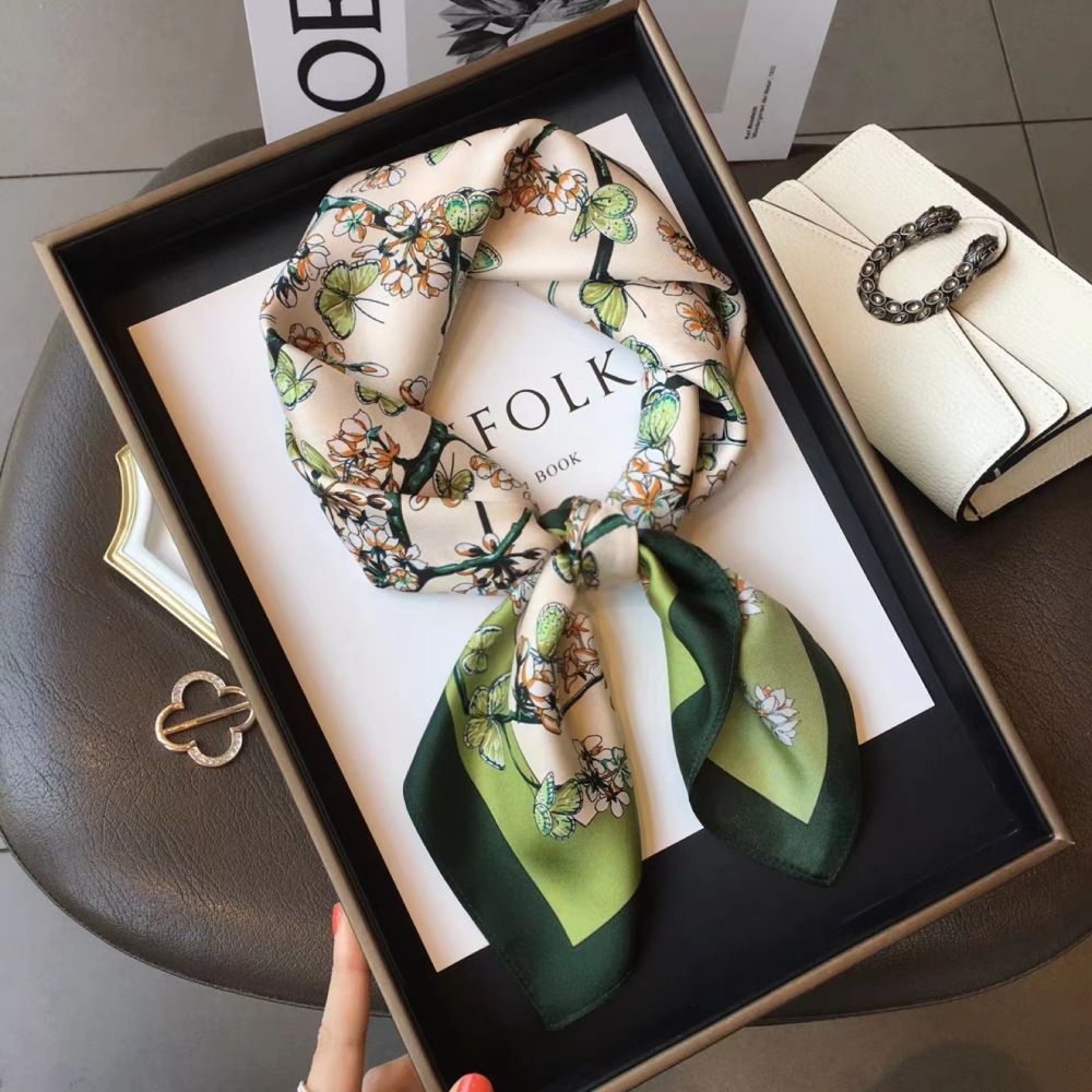 100% Real Mulberry Silk Scarf with Butterflies and Flowers Print – Headscarf, Hair Wrap, Neck Scarf, Neckerchief