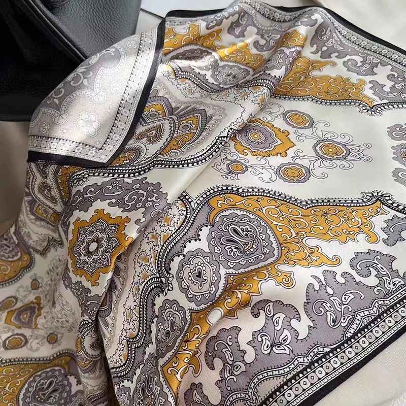 100% Real Mulberry Silk Scarf with Byzantine Print – Headscarf, Hair Wrap, Neck Scarf, Neckerchief