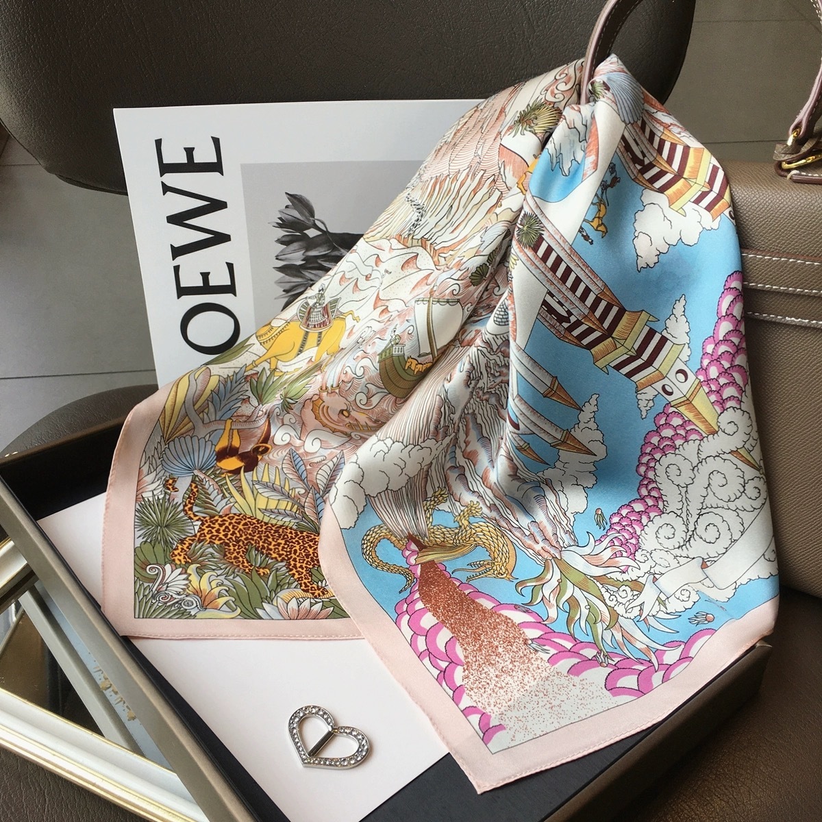 100% Real Mulberry Silk Scarf with Fantasy Castle Print – Headscarf, Hair Wrap, Neck Scarf, Neckerchief
