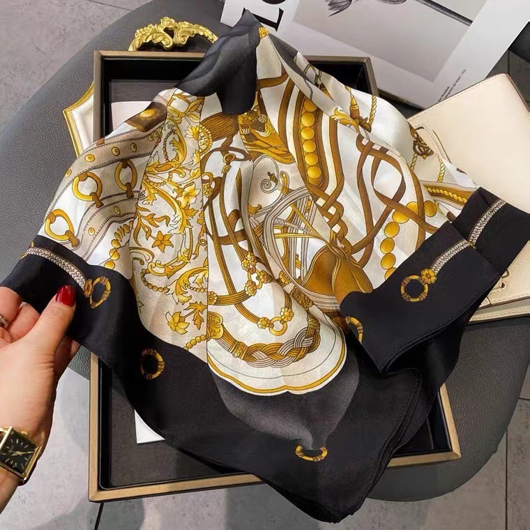 100% Real Mulberry Silk Scarf with Golden Chain Print – Headscarf, Hair Wrap, Neck Scarf, Neckerchief