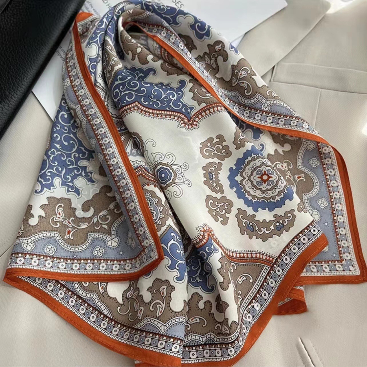 100% Real Mulberry Silk Scarf with Byzantine Print – Headscarf, Hair Wrap, Neck Scarf, Neckerchief