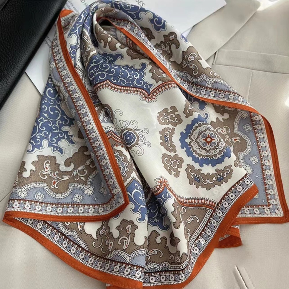 100% Real Mulberry Silk Scarf with Byzantine Print – Headscarf, Hair Wrap, Neck Scarf, Neckerchief