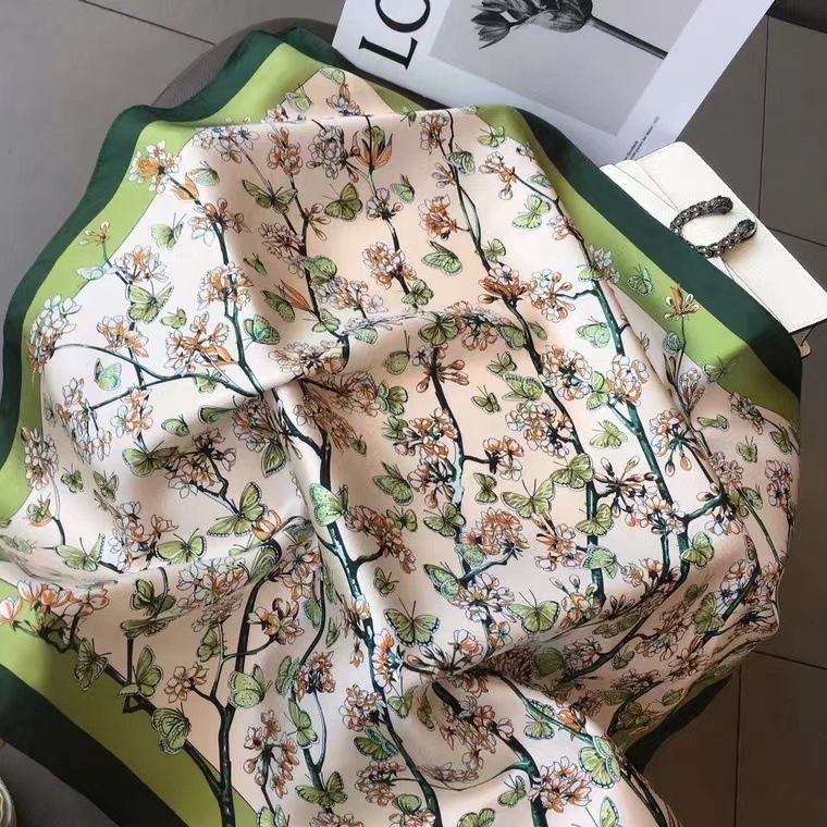 100% Real Mulberry Silk Scarf with Butterflies and Flowers Print – Headscarf, Hair Wrap, Neck Scarf, Neckerchief