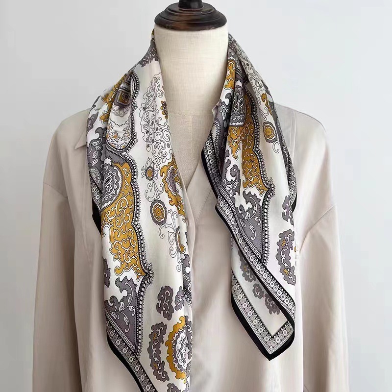 100% Real Mulberry Silk Scarf with Byzantine Print – Headscarf, Hair Wrap, Neck Scarf, Neckerchief