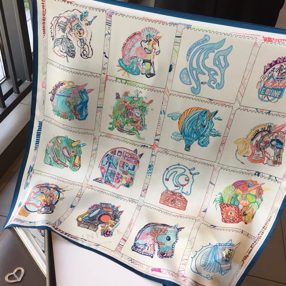 100% Real Mulberry Silk Scarf with Iridescent Horse Print – Headscarf, Hair Wrap, Neck Scarf, Neckerchief