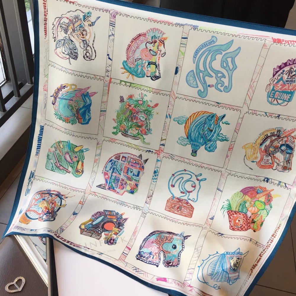 100% Real Mulberry Silk Scarf with Iridescent Horse Print – Headscarf, Hair Wrap, Neck Scarf, Neckerchief