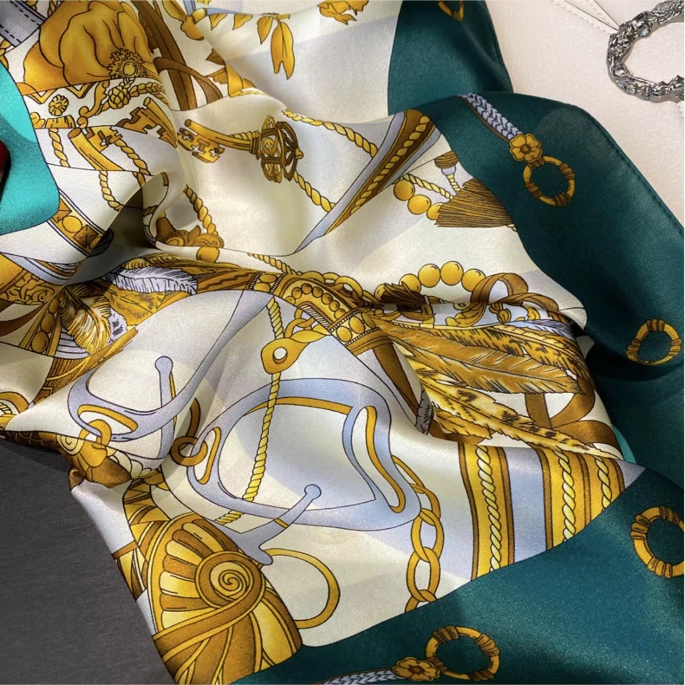 100% Real Mulberry Silk Scarf with Golden Chain Print – Headscarf, Hair Wrap, Neck Scarf, Neckerchief