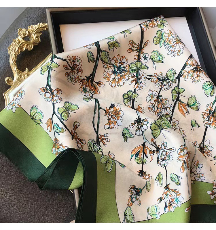 100% Real Mulberry Silk Scarf with Butterflies and Flowers Print – Headscarf, Hair Wrap, Neck Scarf, Neckerchief