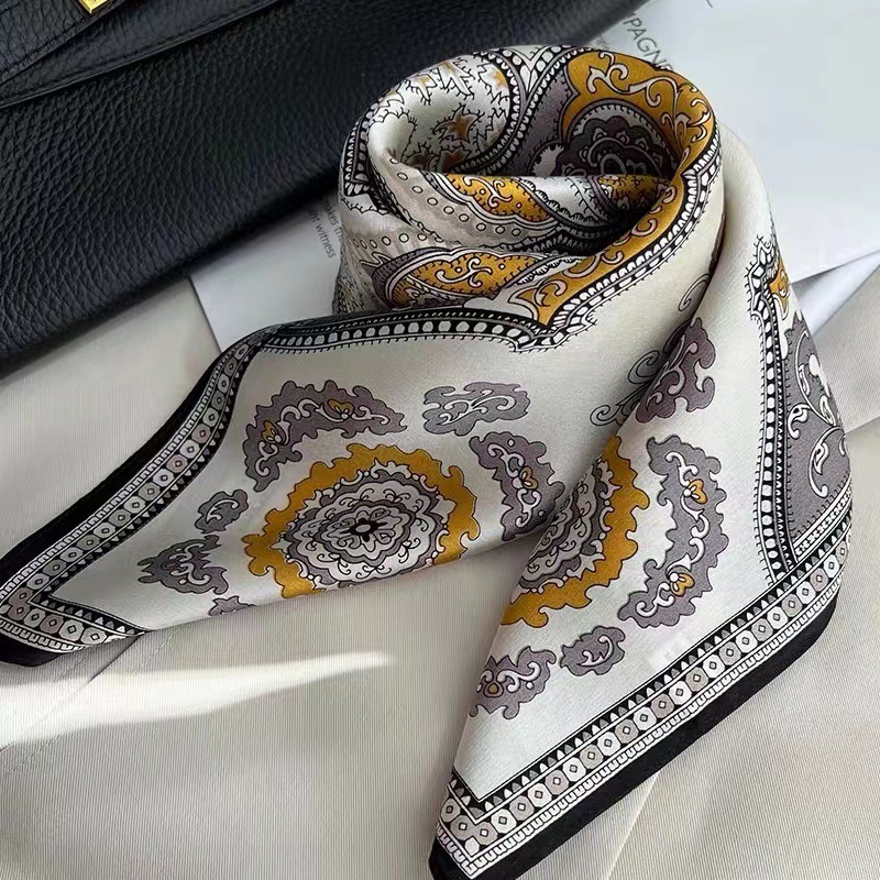 100% Real Mulberry Silk Scarf with Byzantine Print – Headscarf, Hair Wrap, Neck Scarf, Neckerchief