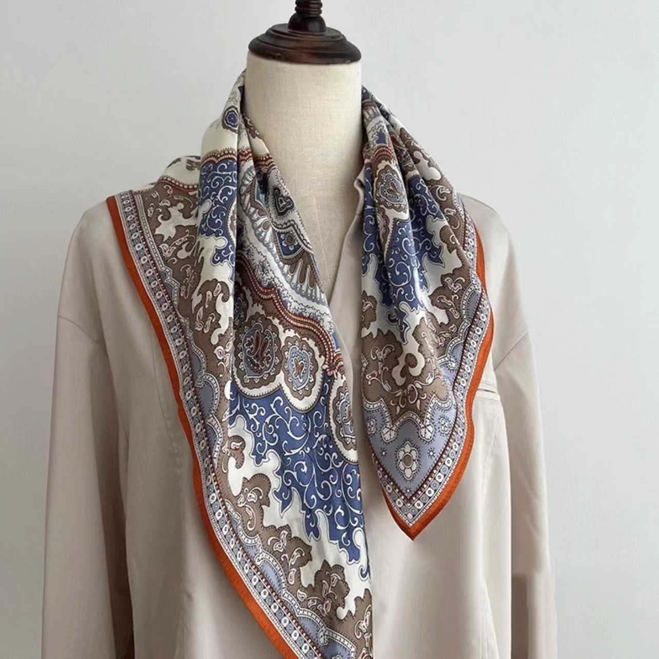 100% Real Mulberry Silk Scarf with Byzantine Print – Headscarf, Hair Wrap, Neck Scarf, Neckerchief
