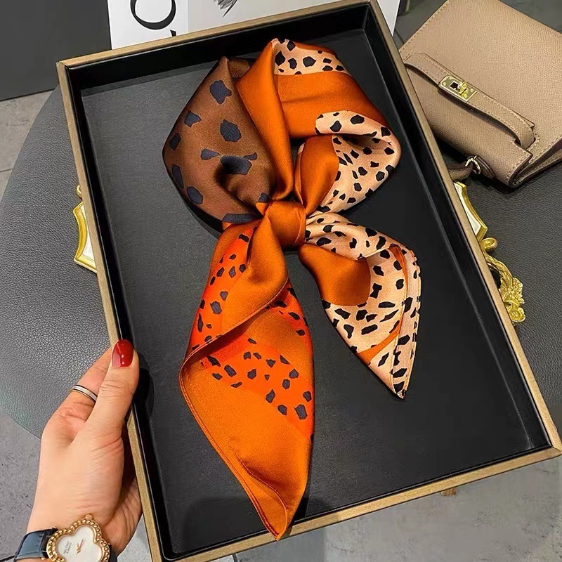 100% Real Mulberry Silk Scarf with Leopard Pattern Print – Headscarf, Hair Wrap, Neck Scarf, Neckerchief