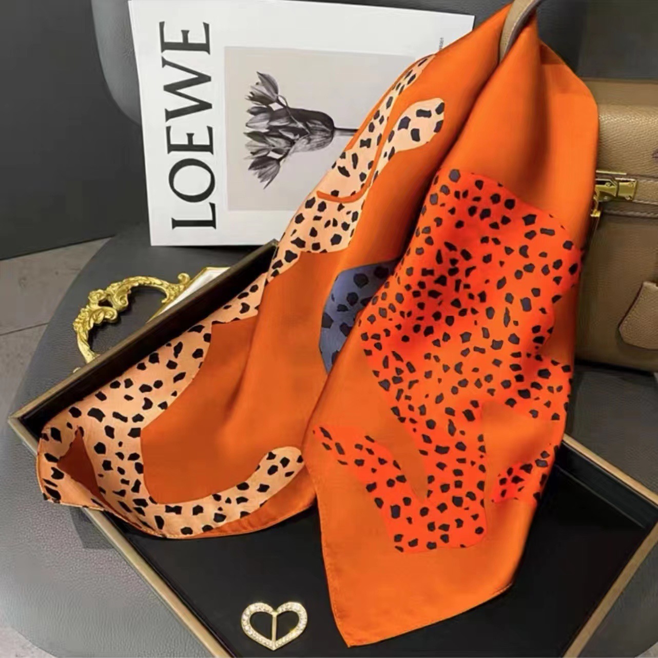 100% Real Mulberry Silk Scarf with Leopard Pattern Print – Headscarf, Hair Wrap, Neck Scarf, Neckerchief
