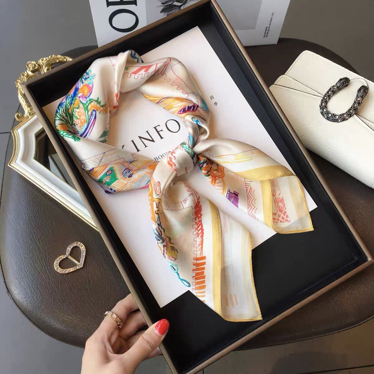 100% Real Mulberry Silk Scarf with Iridescent Horse Print – Headscarf, Hair Wrap, Neck Scarf, Neckerchief