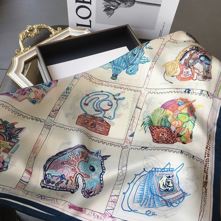 100% Real Mulberry Silk Scarf with Iridescent Horse Print – Headscarf, Hair Wrap, Neck Scarf, Neckerchief