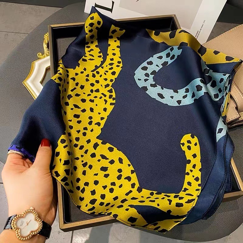 100% Real Mulberry Silk Scarf with Leopard Pattern Print – Headscarf, Hair Wrap, Neck Scarf, Neckerchief