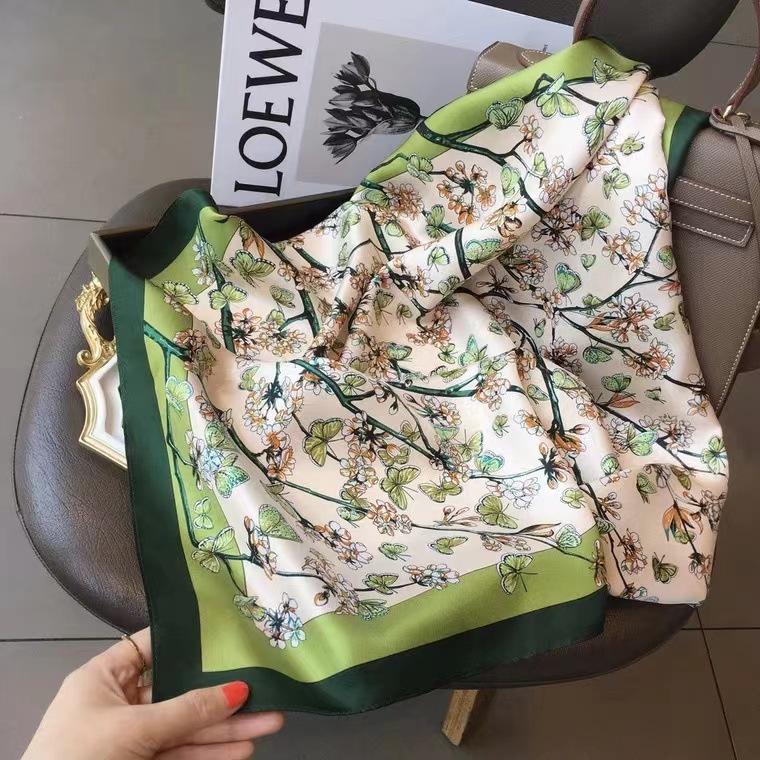100% Real Mulberry Silk Scarf with Butterflies and Flowers Print – Headscarf, Hair Wrap, Neck Scarf, Neckerchief