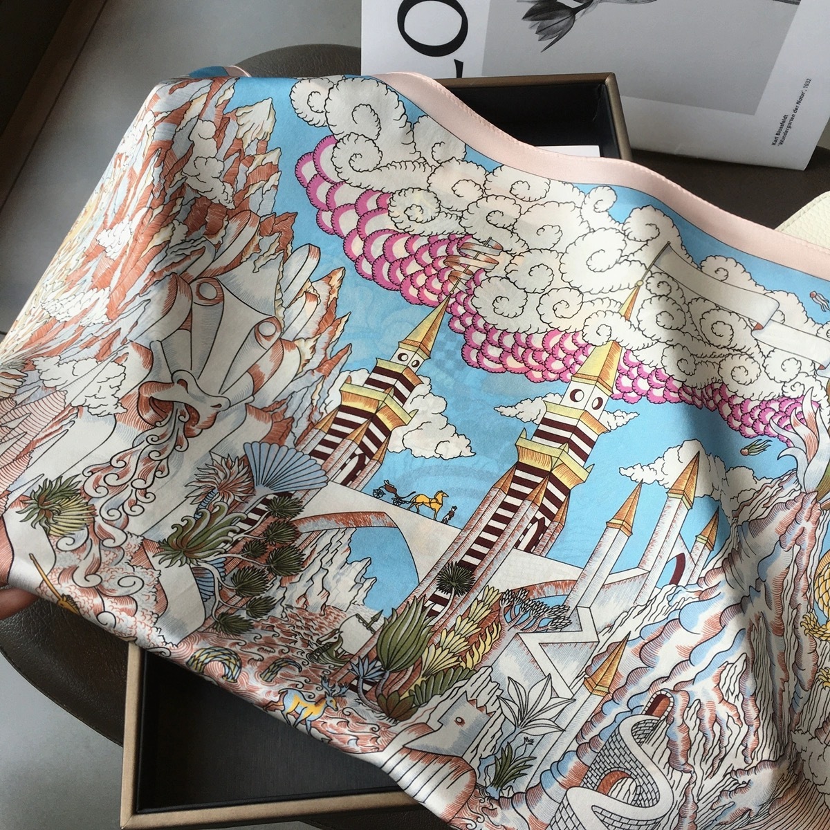 100% Real Mulberry Silk Scarf with Fantasy Castle Print – Headscarf, Hair Wrap, Neck Scarf, Neckerchief