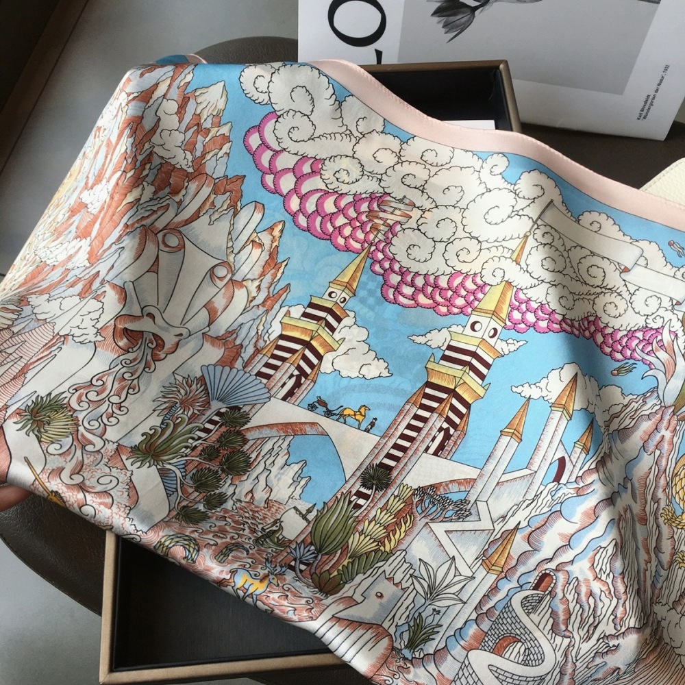 100% Real Mulberry Silk Scarf with Fantasy Castle Print – Headscarf, Hair Wrap, Neck Scarf, Neckerchief