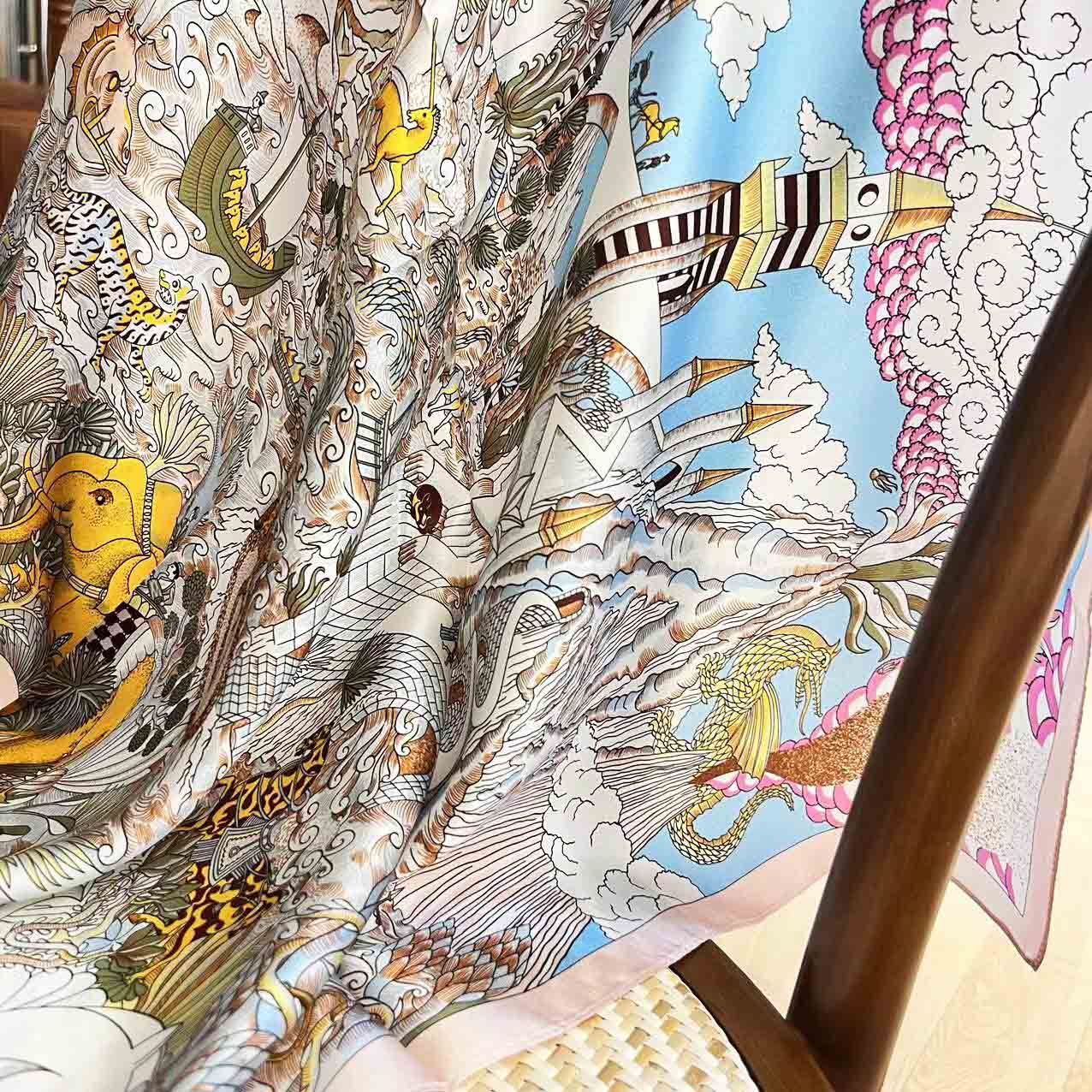100% Real Mulberry Silk Scarf with Fantasy Castle Print – Headscarf, Hair Wrap, Neck Scarf, Neckerchief