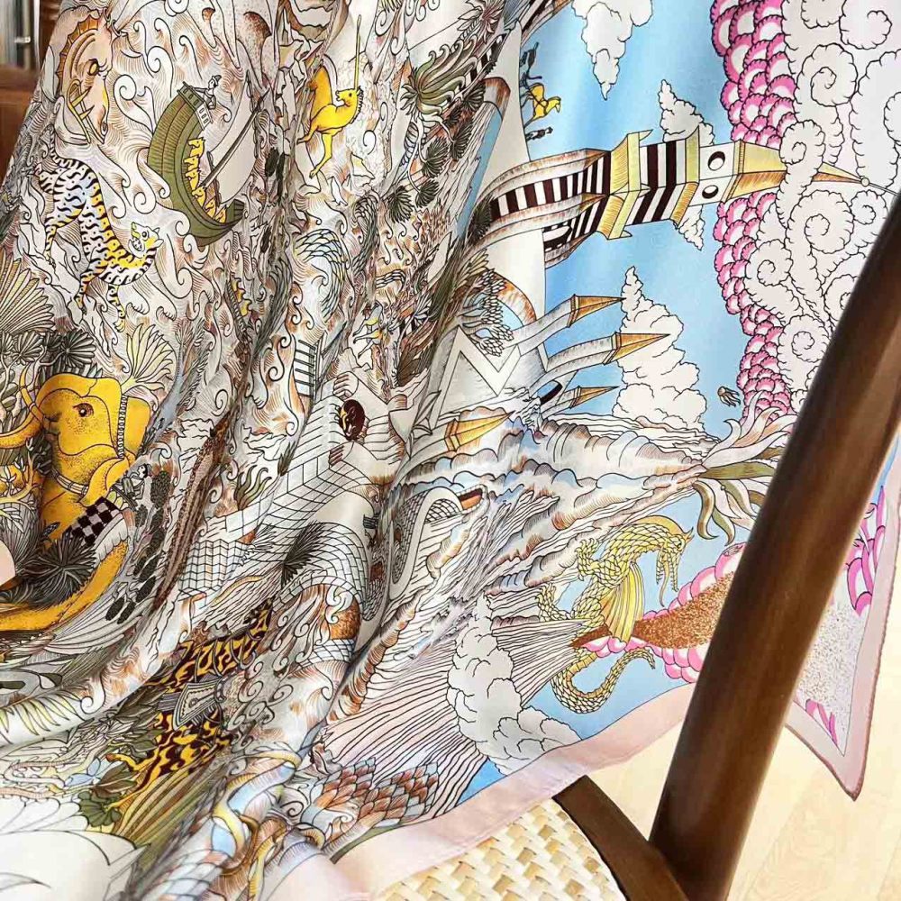 100% Real Mulberry Silk Scarf with Fantasy Castle Print – Headscarf, Hair Wrap, Neck Scarf, Neckerchief