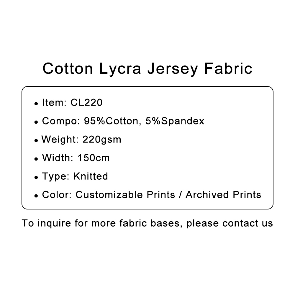 Custom Printed Medium Cotton Lycra Jersey Fabric 95%C 5%SP 220gsm