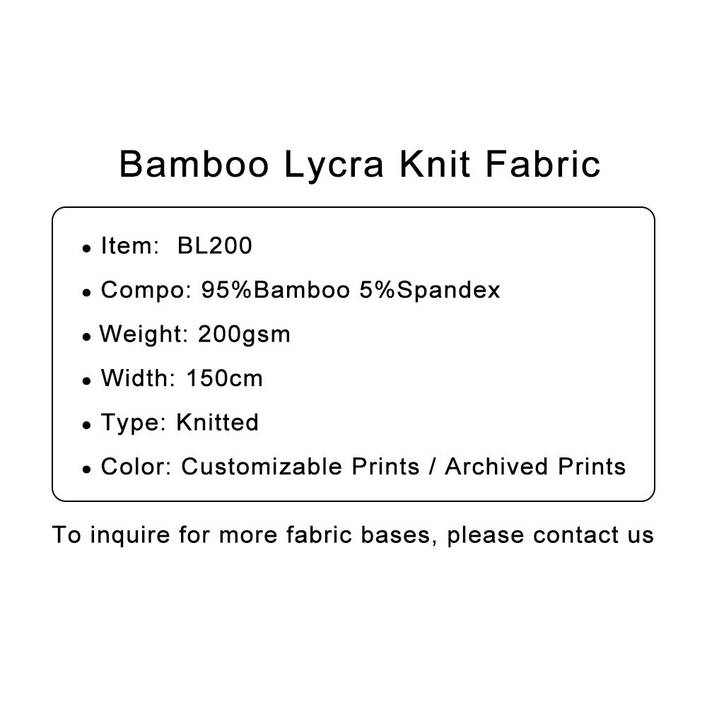 Custom Printed Medium Bamboo Lycra Knit Fabric 95%B 5%SP  200gsm
