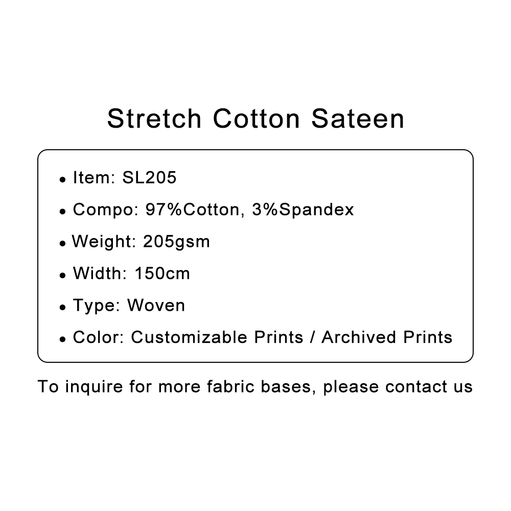 Custom Printed Stretch Cotton Sateen 97%C 3%SP 205gsm