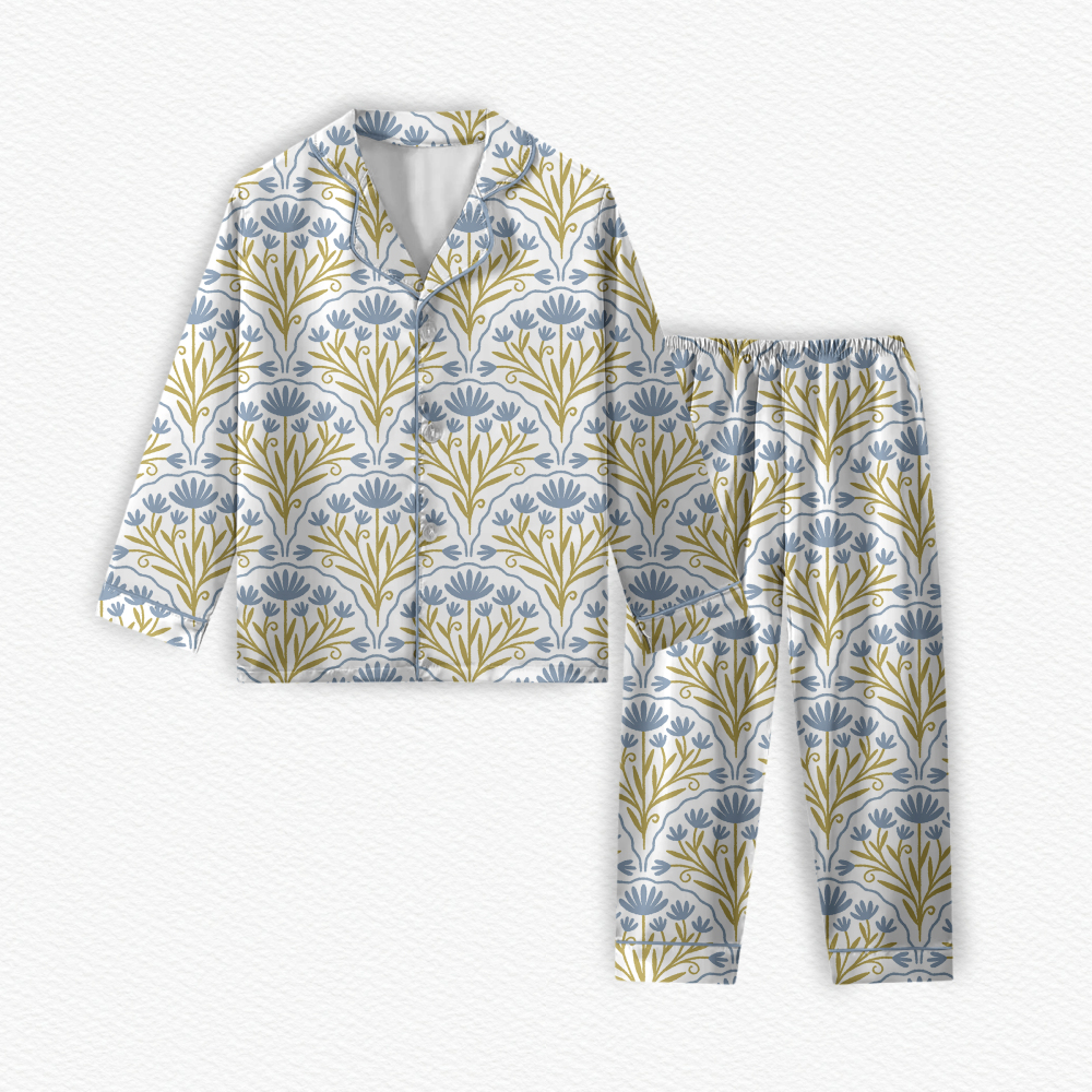 Customized Printed Floral Design Two-Piece Set Long Sleeves Turn-Down Collar Adult Pajamas