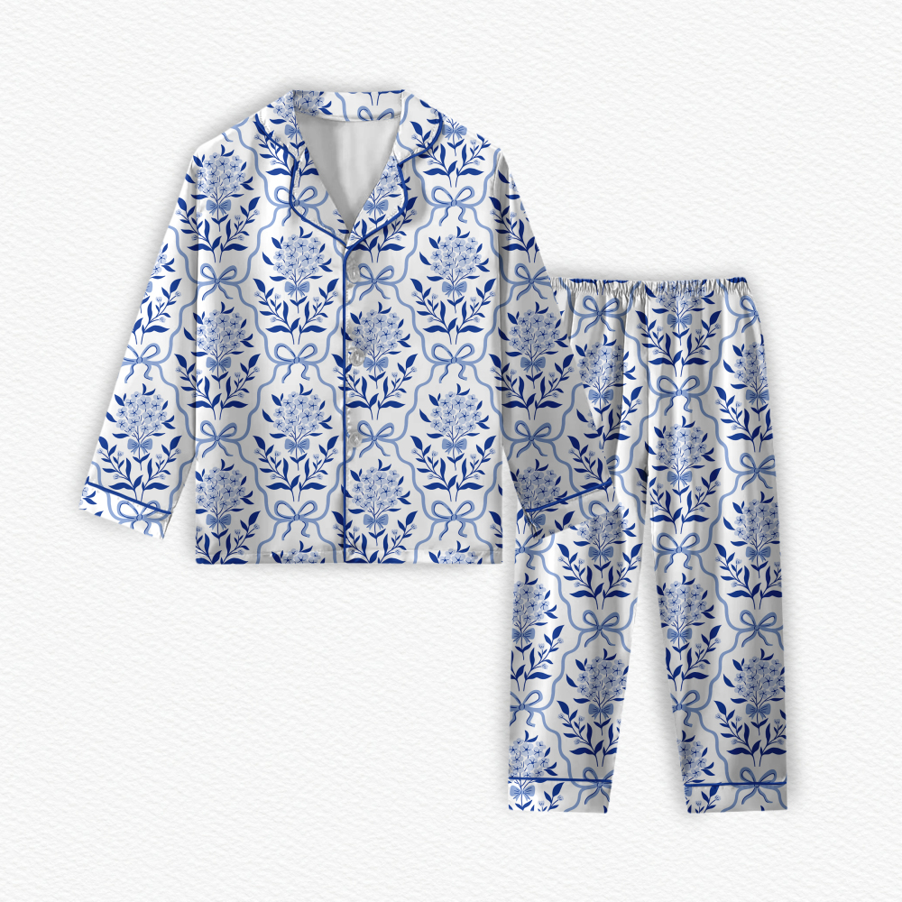 Customized Printed Floral Design Two-Piece Set Long Sleeves Turn-Down Collar Adult Pajamas