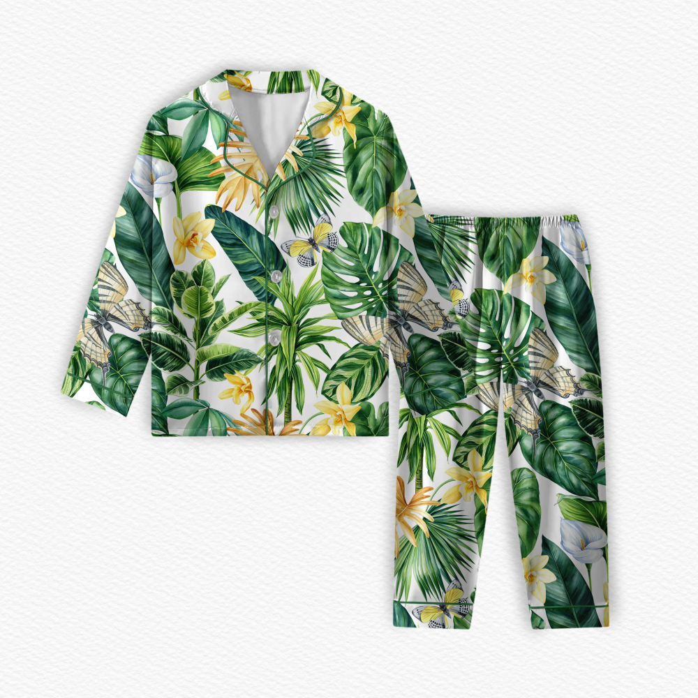 Customized Printed Jungle Flower Design Two-Piece Set Long Sleeves Turn-Down Collar Adult Pajamas