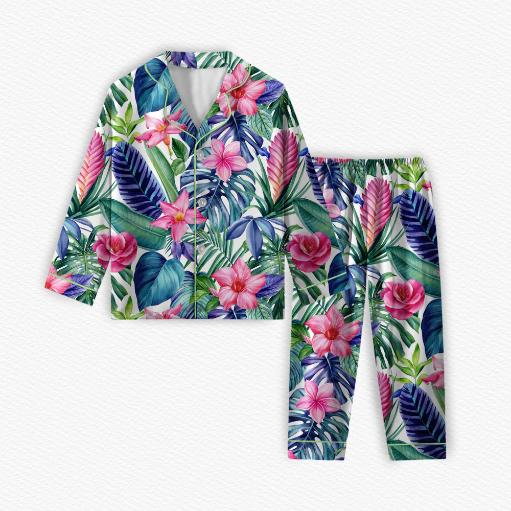 Customized Printed Jungle Flower Design Two-Piece Set Long Sleeves Turn-Down Collar Adult Pajamas