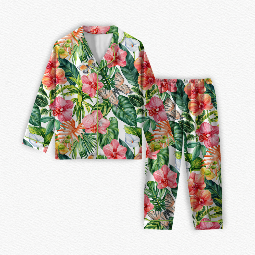 Customized Printed Jungle Flower Design Two-Piece Set Long Sleeves Turn-Down Collar Adult Pajamas
