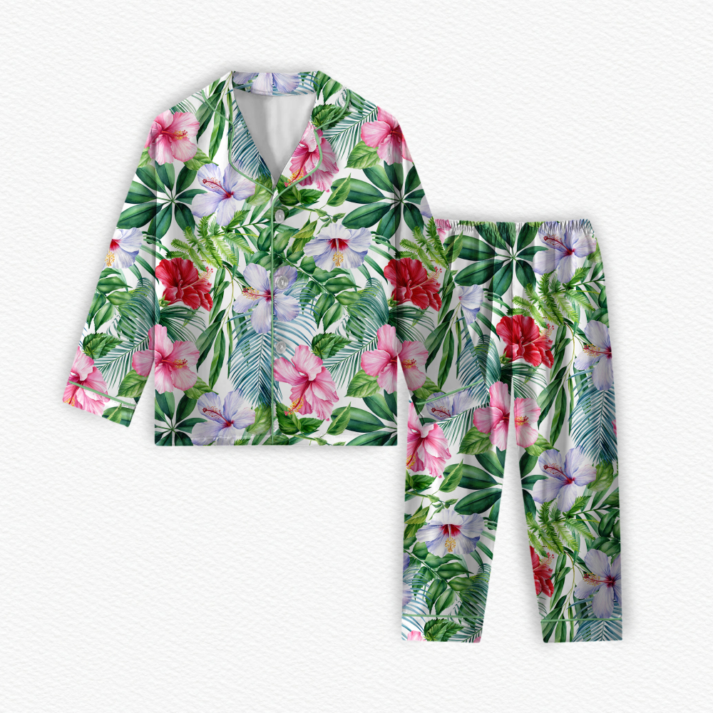 Customized Printed Jungle Flower Design Two-Piece Set Long Sleeves Turn-Down Collar Adult Pajamas