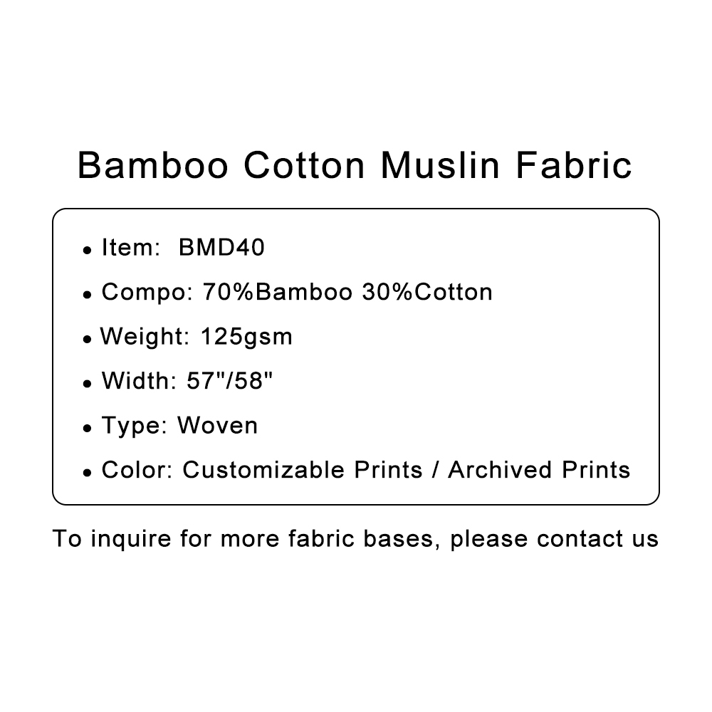 Custom Printed Bamboo Cotton Muslin Fabric 70%B 30%C, 125gsm