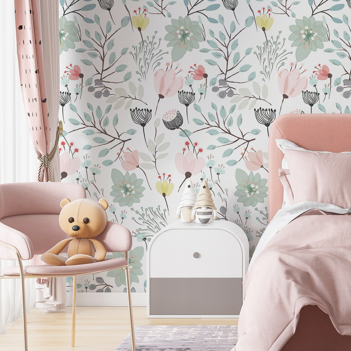 Scandinavian-Inspired Mural Wallpaper with American Floral Designs-40x124cm