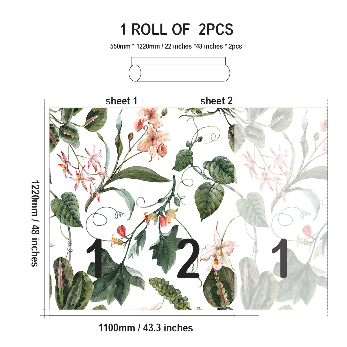 Green Plants Wallpaper Peel and Stick, Bedroom Living Room Decoration Wall Stickers-55x122cm