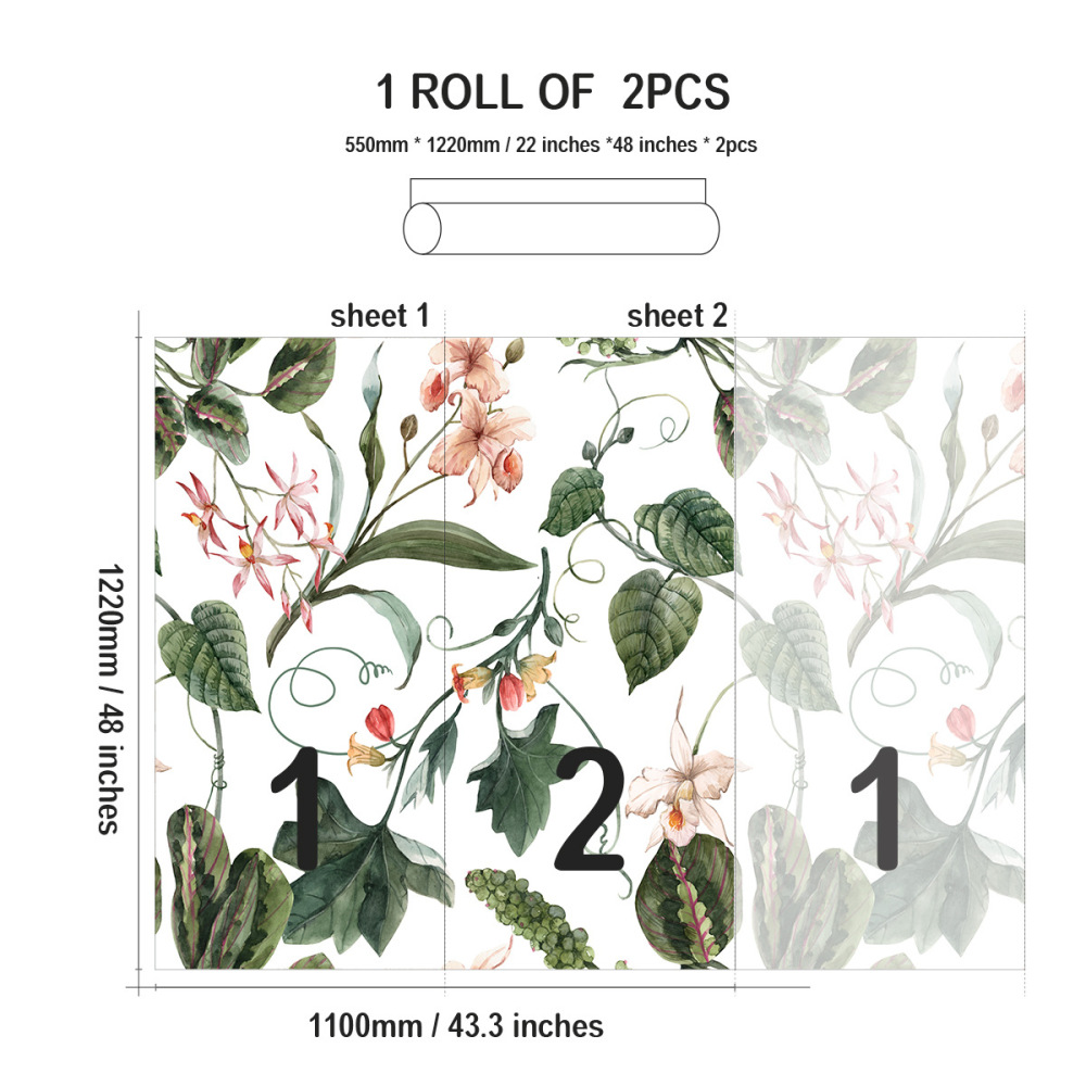 Green Plants Wallpaper Peel and Stick, Bedroom Living Room Decoration Wall Stickers-55x122cm