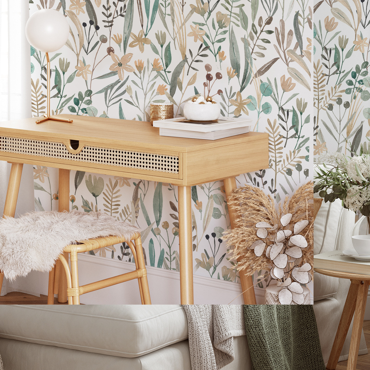 Green Plants Wallpaper Peel and Stick, Bedroom Living Room Decoration Wall Stickers-55x122cm
