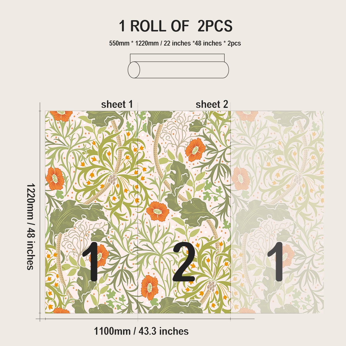 Green Plants Wallpaper Peel and Stick, Bedroom Living Room Decoration Wall Stickers-55x122cm