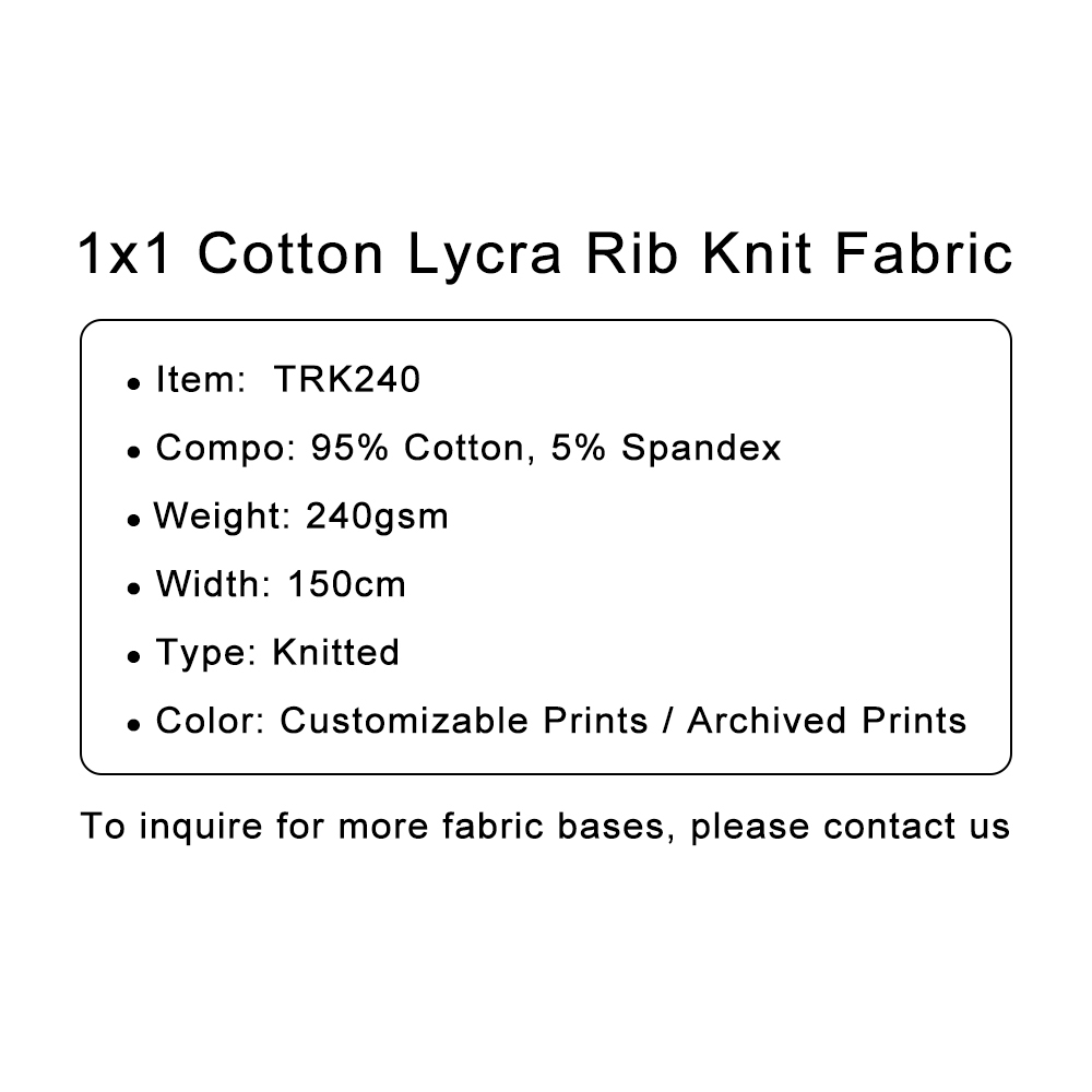 Custom Printed 1x1 Interlock Cotton Lycra Rib Knit Fabric – Soft, Stretchy & Breathable for Comfortable Apparel