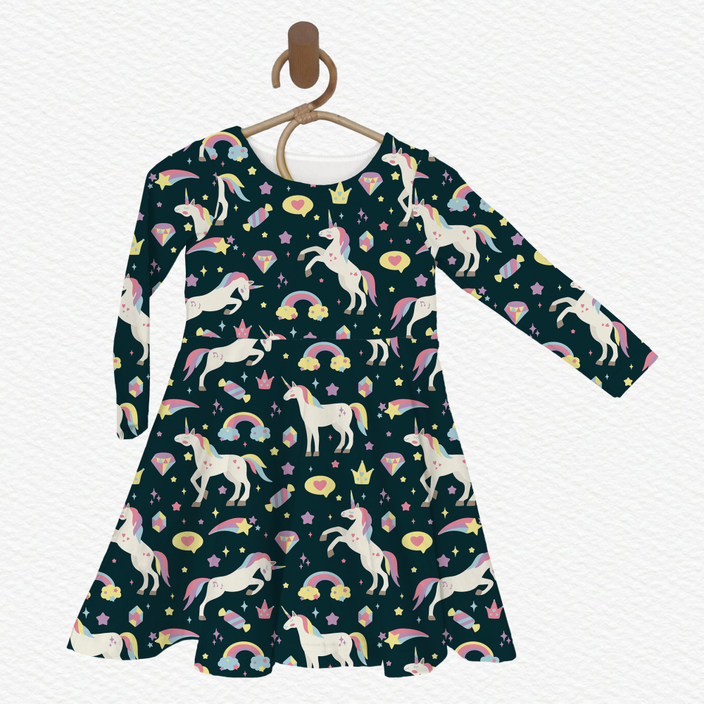 Long Sleeve Twirl Dress Princess Dress-Unicorn Design