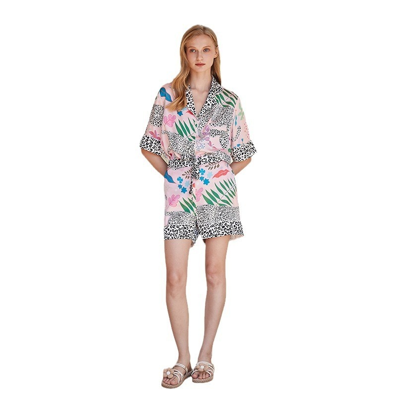 【粉色雪豹】INS潮牌睡衣女夏短袖翻领可外穿薄款冰丝家居服套装