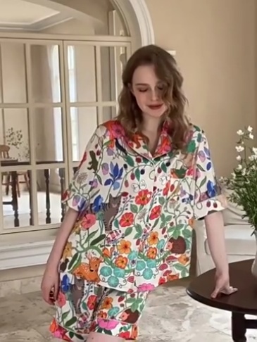 【白底森林花园】春夏季女款仿真丝欧美风薄款家居服短袖裤套装