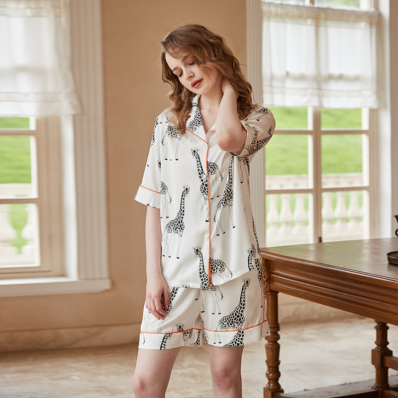 【白底长颈鹿】新款睡衣女夏季短袖开衫薄款卡通家居服套装可外穿