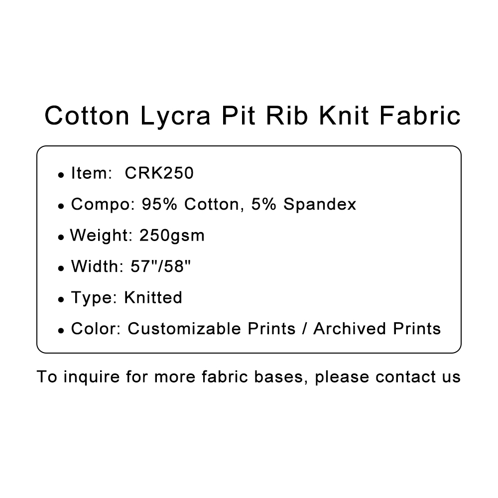 Custom Printed Cotton Lycra 4x2 Pit Rib Knit Fabric – Soft Stretchy & Form-Fitting for Stylish Apparel & Casual Wear