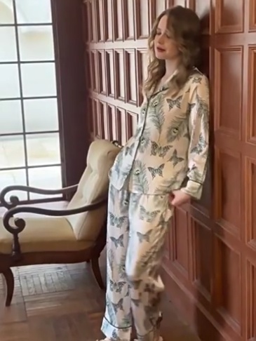 【白色凤翎】冰丝睡衣女夏季薄款长袖长裤韩版开衫感两件套装春秋